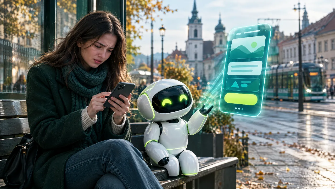 ako vyzera web na mobile zastavka Žena na zastávce se trápí s webem v mobilu, robot vedle ní ukazuje přehlednou mobilní verzi s velkým tlačítkem